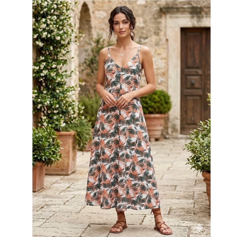 Serra Tropical Palm Leaf Cotton Gauze Maxi‎ Dress Green Orange Braided Straps